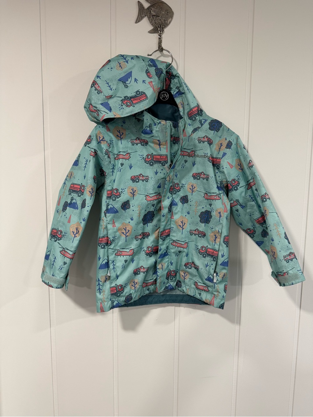 Columbia Mint Green Hooded Kids' Rain Jacket with Truck Print